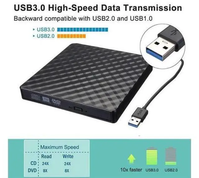 Alt view image 3 of 6 - External CD Drive, USB 3.0 Slim External CD DVD ROM Drive Writer Reader Burner, Portable CD DVD RW Drive/Writer/Burner Optical Player External DVD Drive for Macbook/Laptop/Desktop PC Windows XP/7/10