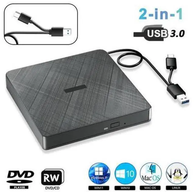 Main image of External CD DVD Drive, USB 3.0 & Type-C Portable CD DVD Burner +/-RW DVD Player for Laptop, External CD/DVD Drive, External Optical USB DVD Drive Compatible with Windows 7/8/10/XP Linux MacOS
