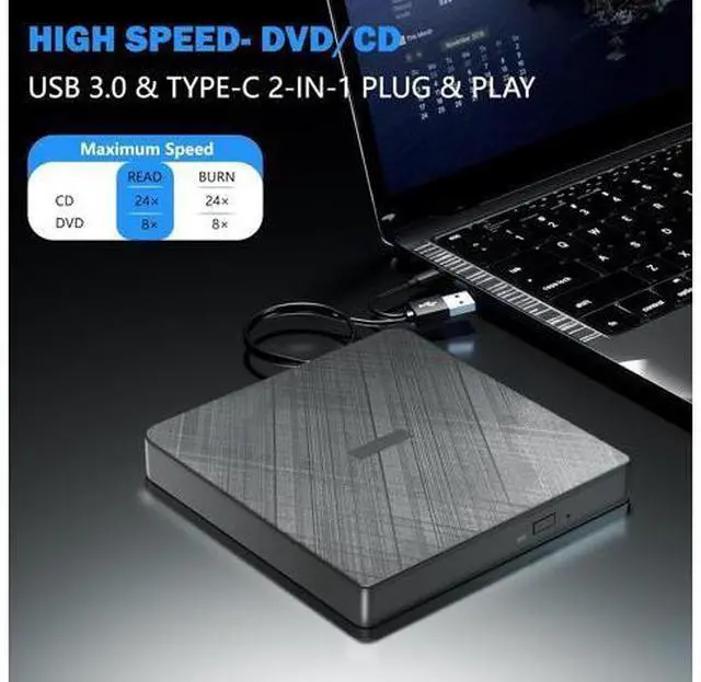 Alt view image 2 of 7 - External CD DVD Drive, USB 3.0 & Type-C Portable CD DVD Burner +/-RW DVD Player for Laptop, External CD/DVD Drive, External Optical USB DVD Drive Compatible with Windows 7/8/10/XP Linux MacOS