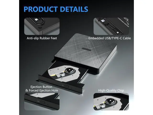 Alt view image 3 of 7 - External CD DVD Drive, USB 3.0 & Type-C Portable CD DVD Burner +/-RW DVD Player for Laptop, External CD/DVD Drive, External Optical USB DVD Drive Compatible with Windows 7/8/10/XP Linux MacOS