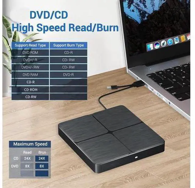 Alt view image 2 of 6 - External CD DVD Drive, USB 3.0 and Type-C Portable External CD Burner DVD Drive Slim CD DVD +/-RW Reader Player, External CD/DVD Optical Drive for Mac,PC,Laptop,Desktop,MacOS,Windows XP/7/8/10/11
