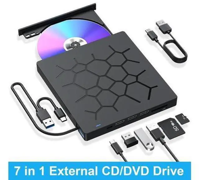 Main image of External CD/DVD Drive for Laptop, 7 IN 1 USB 3.0 Type C Portable DVD Player, CD ROM Burner Writer, External Disk Drive, Optical Drive Compatible with Laptop, PC, MacBook, Windows, Mac, Linux OS