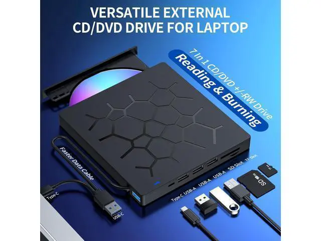 Alt view image 2 of 7 - External CD/DVD Drive for Laptop, 7 IN 1 USB 3.0 Type C Portable DVD Player, CD ROM Burner Writer, External Disk Drive, Optical Drive Compatible with Laptop, PC, MacBook, Windows, Mac, Linux OS