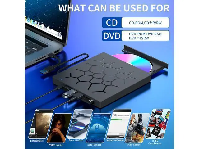 Alt view image 5 of 7 - External CD/DVD Drive for Laptop, 7 IN 1 USB 3.0 Type C Portable DVD Player, CD ROM Burner Writer, External Disk Drive, Optical Drive Compatible with Laptop, PC, MacBook, Windows, Mac, Linux OS