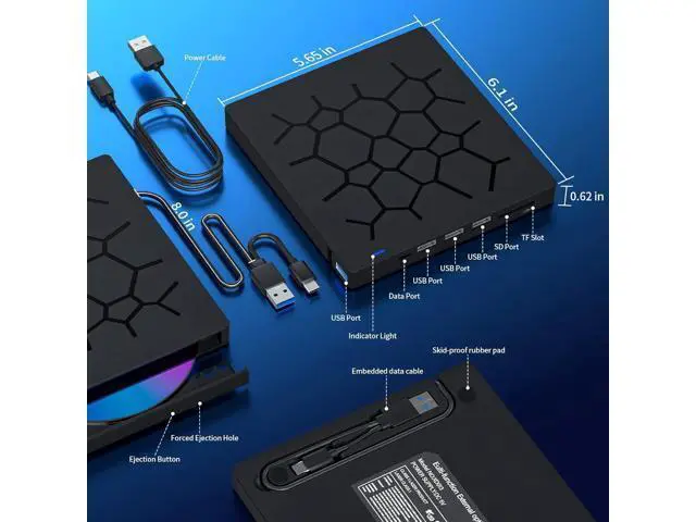 Alt view image 7 of 7 - External CD/DVD Drive for Laptop, 7 IN 1 USB 3.0 Type C Portable DVD Player, CD ROM Burner Writer, External Disk Drive, Optical Drive Compatible with Laptop, PC, MacBook, Windows, Mac, Linux OS