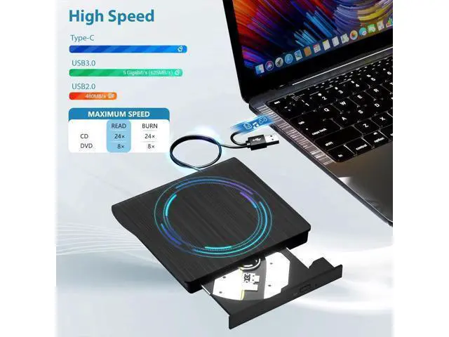 Alt view image 4 of 7 - External CD DVD Drive, USB 3.0 & TYPE C Portable CD DVD +/-RW Drive, CD/DVD ROM Player Burner Reader Writer Rewriter Optical Disc Drive for Laptop Desktop PC, Windows 11/10/8/7, Apple Mac, Linux OS