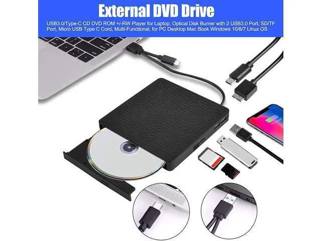 Alt view image 3 of 7 - External DVD Drive, USB3.0/Type-C DVD CD ROM +/-RW Player for Laptop, Optical Disk Burner with Hub, 2 USB 3.0 Port, SD/TF Port, Micro USB Type C Cord for PC Desktop Mac Book Windows 10/8/7 Linux OS