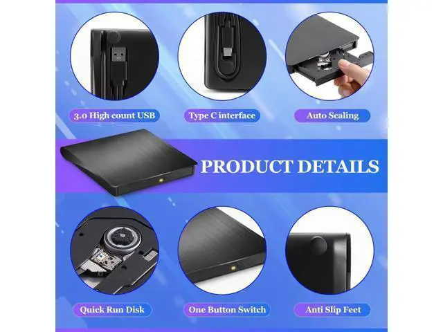 Alt view image 4 of 7 - External CD/DVD Drive for Laptop, USB 3.0 Type C Portable DVD Player for Laptop, CD ROM Burner Writer External Disk Drive Optical DVD Drive Compatible with Laptop Desktop PC Windows Linux MacOS