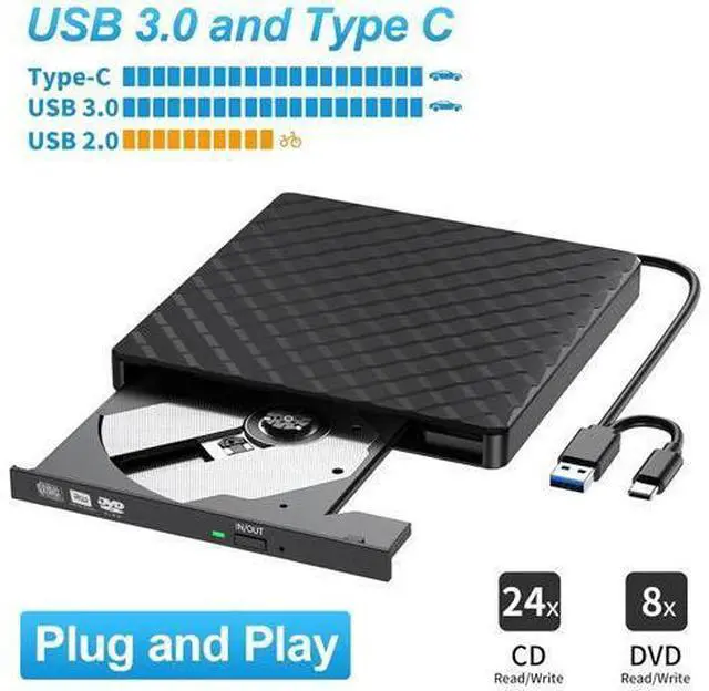Main image of External CD DVD Drive, USB 3.0 Type-C Portable CD DVD +/-Rw Drive Reader, DVD/CD ROM Burner Rewriter, Slim Optical DVD Drive for Laptop, Desktop, Mac, Macbook, OS/Windows/Linux (Black)