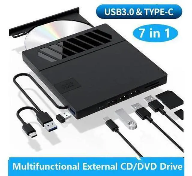 Main image of External CD DVD Drive, 7 in 1 USB 3.0 Type-C DVD Drive, Portable External DVD Burner, External CD/DVD Optical Drive with SD/TF Card Reader & 4 USB A Ports for Linux/Mac OS/Windows 7/8/10/11