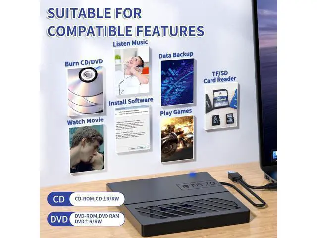 Alt view image 5 of 7 - External CD DVD Drive, 7 in 1 USB 3.0 Type-C DVD Drive, Portable External DVD Burner, External CD/DVD Optical Drive with SD/TF Card Reader & 4 USB A Ports for Linux/Mac OS/Windows 7/8/10/11