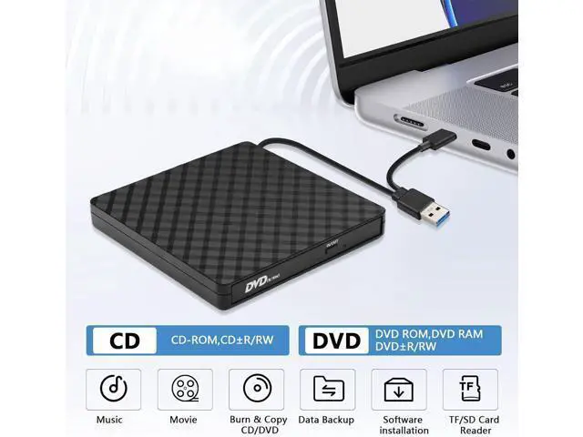 Alt view image 2 of 7 - External CD DVD Drive, External CD ROM CD/DVD Burner with USB 3.0 and USB C, Portable CD/DVD +/-RW Drive/DVD Player for PC, Laptop, Desktops, Mac-Book, Windows XP/2003/Vista/7/8/10/Linux/MacOS