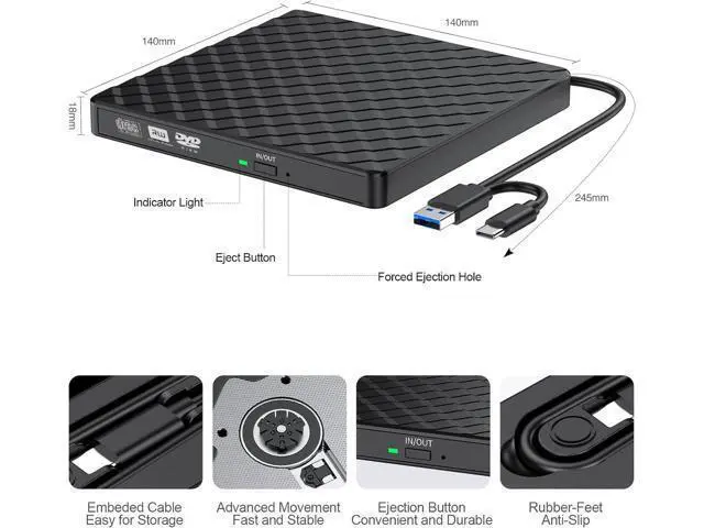 Alt view image 3 of 6 - External CD DVD Drive, USB 3.0 Type-C Portable CD DVD +/-Rw Drive Reader, DVD/CD ROM Burner Rewriter, Slim Optical DVD Drive for Laptop, Desktop, Mac, Macbook, OS/Windows/Linux (Black)