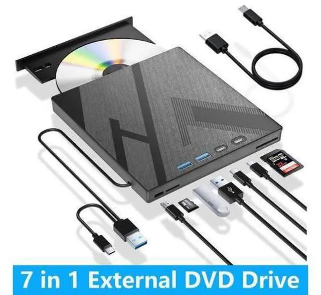 Main image of 7 in 1 External CD DVD Drive, External CD/DVD Drive for Laptop with SD/TF Port, CD Burner DVD Player DVD Burner USB 3.0/Type C, CD ROM External Drive CD Drive for PC Laptop Windows Linux MacOS