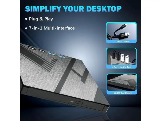 Alt view image 4 of 7 - 7 in 1 External CD DVD Drive, External CD/DVD Drive for Laptop with SD/TF Port, CD Burner DVD Player DVD Burner USB 3.0/Type C, CD ROM External Drive CD Drive for PC Laptop Windows Linux MacOS
