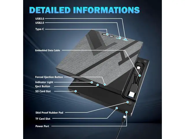 Alt view image 6 of 7 - 7 in 1 External CD DVD Drive, External CD/DVD Drive for Laptop with SD/TF Port, CD Burner DVD Player DVD Burner USB 3.0/Type C, CD ROM External Drive CD Drive for PC Laptop Windows Linux MacOS