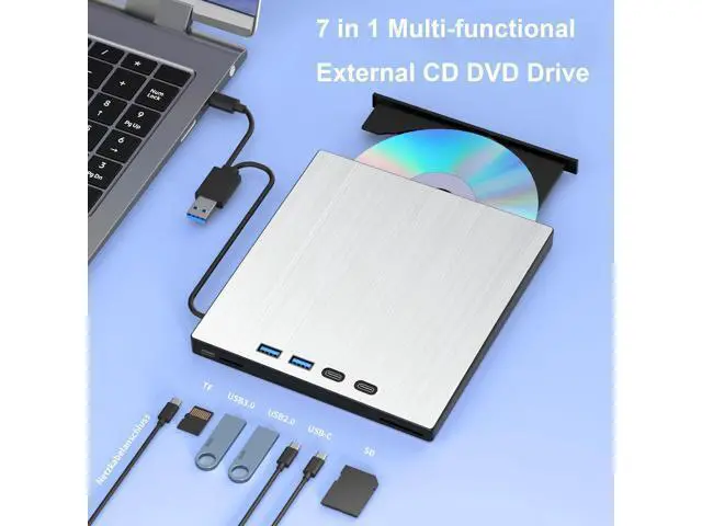 Alt view image 4 of 7 - 7-in-1 External CD DVD Drive, USB 3.0 Type-C CD/DVD Drive External USB with SD/TF Card Reader, External CD Drive for Laptop, Portable External DVD Burner for Windows XP/7/8/10/11, Linux, MacOS
