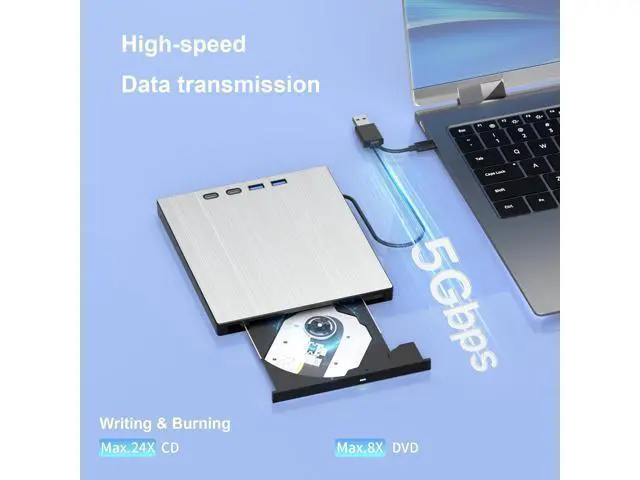 Alt view image 3 of 7 - 7-in-1 External CD DVD Drive, USB 3.0 Type-C CD/DVD Drive External USB with SD/TF Card Reader, External CD Drive for Laptop, Portable External DVD Burner for Windows XP/7/8/10/11, Linux, MacOS