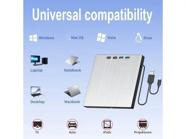 Alt view image 6 of 7 - 7-in-1 External CD DVD Drive, USB 3.0 Type-C CD/DVD Drive External USB with SD/TF Card Reader, External CD Drive for Laptop, Portable External DVD Burner for Windows XP/7/8/10/11, Linux, MacOS