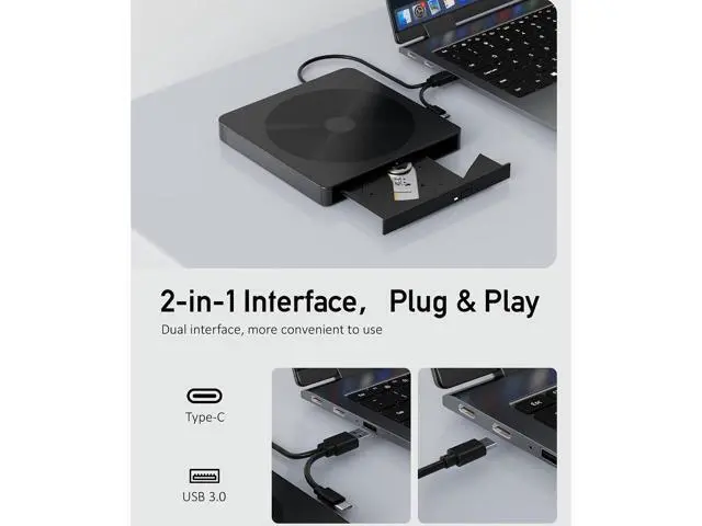Alt view image 4 of 7 - External CD/DVD Drive for Laptop, USB 3.0 & Type-C Portable DVD Burner, CD ROM External DVD Drive for Laptop, Lightweight External CD DVD Optical Drive Compatible with PC, Windows Mac Os Linux