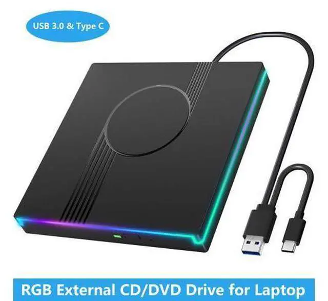 Main image of RGB External CD/DVD Drive for Laptop, External DVD Drive USB 3.0 Type-C Portable DVD Player, CD Burner +/-RW Optical Drive, Slim CD ROM External Optical Drive for Laptop Desktop PC Windows Mac
