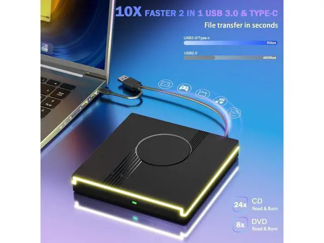 Alt view image 7 of 7 - RGB External CD/DVD Drive for Laptop, External DVD Drive USB 3.0 Type-C Portable DVD Player, CD Burner +/-RW Optical Drive, Slim CD ROM External Optical Drive for Laptop Desktop PC Windows Mac