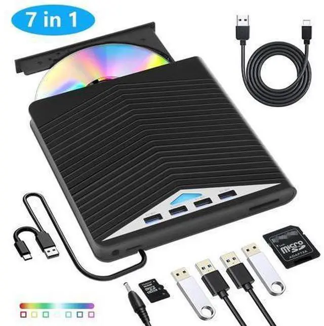Main image of 7 in 1 External CD DVD Drive - External CD/DVD Drive for Laptop, USB 3.0 and Type-C Portable CD DVD +/-Rw Drive Reader, DVD/CD ROM Burner Rewriter for Laptop PC Windows 11/10/8.1/7/Linux, MacOS