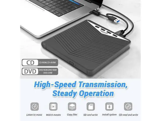 Alt view image 2 of 7 - 7 in 1 External CD DVD Drive - External CD/DVD Drive for Laptop, USB 3.0 and Type-C Portable CD DVD +/-Rw Drive Reader, DVD/CD ROM Burner Rewriter for Laptop PC Windows 11/10/8.1/7/Linux, MacOS