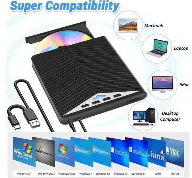 Alt view image 4 of 7 - 7 in 1 External CD DVD Drive - External CD/DVD Drive for Laptop, USB 3.0 and Type-C Portable CD DVD +/-Rw Drive Reader, DVD/CD ROM Burner Rewriter for Laptop PC Windows 11/10/8.1/7/Linux, MacOS
