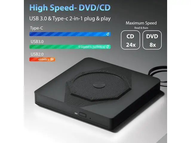 Alt view image 2 of 7 - External CD DVD Drive, USB 3.0 & Type-C Portable CD DVD Burner, +/-RW CD ROM External CD/DVD Drive for Laptop, CD Player for Laptop Compatible with Laptops, Desktop PC, Windows, Linux, Mac OS