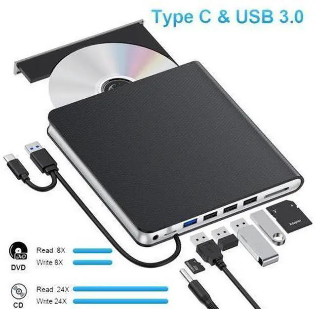 Main image of External CD DVD Drive, 7-in-1 USB 3.0 & Type-C DVD Drive External with 4 USB Ports & SD/TF, DVD RW Burner External CD Drive for Laptop, Desktop, Mac-Book, Windows 11/10/8/7/XP/Linux/Vista/Mac