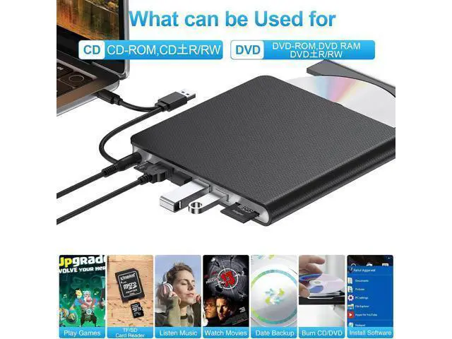 Alt view image 3 of 7 - External CD DVD Drive, 7-in-1 USB 3.0 & Type-C DVD Drive External with 4 USB Ports & SD/TF, DVD RW Burner External CD Drive for Laptop, Desktop, Mac-Book, Windows 11/10/8/7/XP/Linux/Vista/Mac