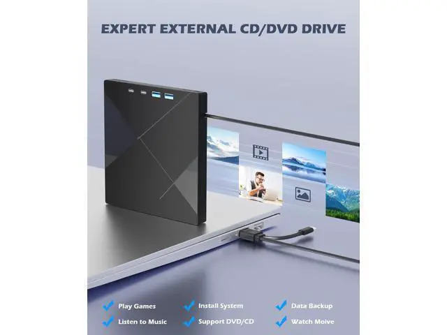 Alt view image 3 of 7 - 7 in 1 External CD/DVD Drive for Laptop, Portable DVD Player for Laptop with 2 USB A & 2 USB C, SD/TF Port, USB 3.0/Type C External DVD Drive,CD Drive USB Optical DVD Drive for PC Windows Linux