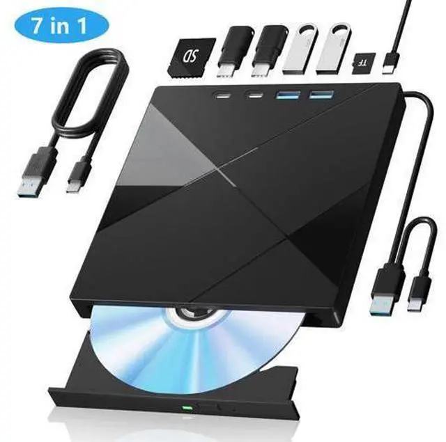Main image of 7 in 1 External CD/DVD Drive for Laptop, Portable DVD Player for Laptop with 2 USB A & 2 USB C, SD/TF Port, USB 3.0/Type C External DVD Drive,CD Drive USB Optical DVD Drive for PC Windows Linux