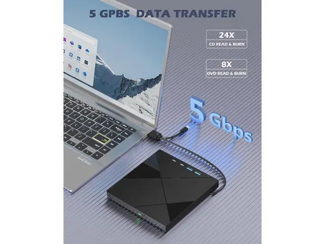 Alt view image 2 of 7 - 7 in 1 External CD/DVD Drive for Laptop, Portable DVD Player for Laptop with 2 USB A & 2 USB C, SD/TF Port, USB 3.0/Type C External DVD Drive,CD Drive USB Optical DVD Drive for PC Windows Linux