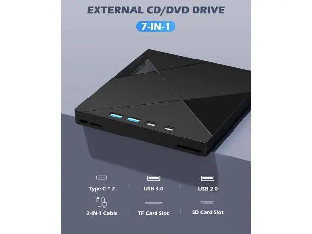 Alt view image 4 of 7 - 7 in 1 External CD/DVD Drive for Laptop, Portable DVD Player for Laptop with 2 USB A & 2 USB C, SD/TF Port, USB 3.0/Type C External DVD Drive,CD Drive USB Optical DVD Drive for PC Windows Linux