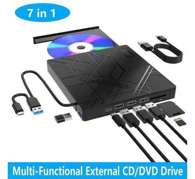 Main image of 7 in 1 External CD/DVD Drive for Laptop, USB 3.0 Ultra Slim Portable CD Burner with 4 USB Ports and 2 TF/SD Card Slots, External CD DVD Drive Compatible with Mac, PC, Windows 11/10/8/7, Linux