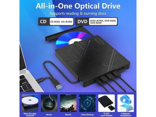 Alt view image 3 of 7 - 7 in 1 External CD/DVD Drive for Laptop, USB 3.0 Ultra Slim Portable CD Burner with 4 USB Ports and 2 TF/SD Card Slots, External CD DVD Drive Compatible with Mac, PC, Windows 11/10/8/7, Linux