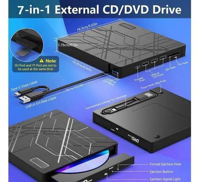 Alt view image 2 of 7 - 7 in 1 External CD/DVD Drive for Laptop, USB 3.0 Ultra Slim Portable CD Burner with 4 USB Ports and 2 TF/SD Card Slots, External CD DVD Drive Compatible with Mac, PC, Windows 11/10/8/7, Linux