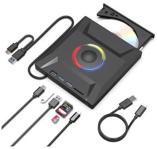 Main image of 6 in 1 External DVD Drive, USB 3.0 & Type-C CD Burner Player with 3 USB Ports and 2 TF/SD Card Slots, Portable Slim Optical Disk Drive, External CD/DVD Drive for Laptops PC Windows Linux MacOS