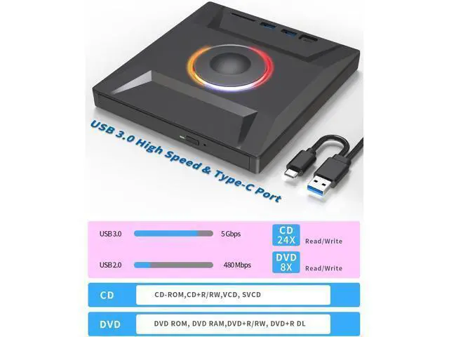 Alt view image 4 of 7 - 6 in 1 External DVD Drive, USB 3.0 & Type-C CD Burner Player with 3 USB Ports and 2 TF/SD Card Slots, Portable Slim Optical Disk Drive, External CD/DVD Drive for Laptops PC Windows Linux MacOS