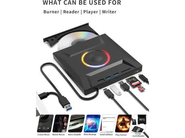 Alt view image 3 of 7 - 6 in 1 External DVD Drive, USB 3.0 & Type-C CD Burner Player with 3 USB Ports and 2 TF/SD Card Slots, Portable Slim Optical Disk Drive, External CD/DVD Drive for Laptops PC Windows Linux MacOS
