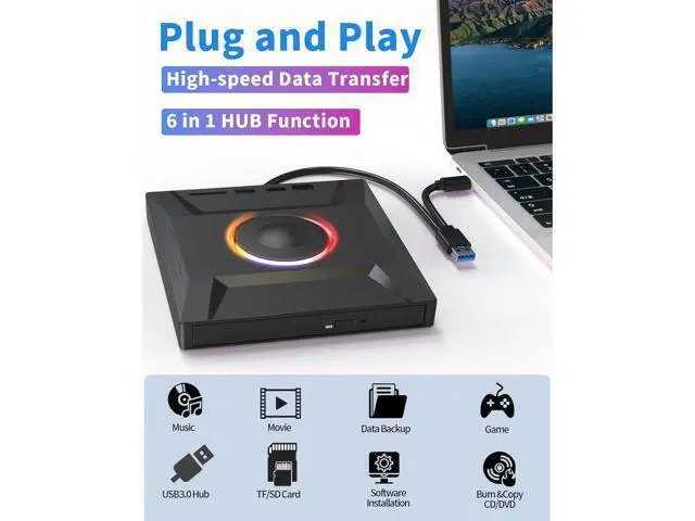 Alt view image 2 of 7 - 6 in 1 External DVD Drive, USB 3.0 & Type-C CD Burner Player with 3 USB Ports and 2 TF/SD Card Slots, Portable Slim Optical Disk Drive, External CD/DVD Drive for Laptops PC Windows Linux MacOS
