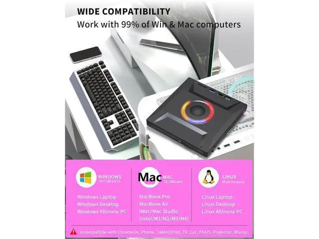 Alt view image 5 of 7 - 6 in 1 External DVD Drive, USB 3.0 & Type-C CD Burner Player with 3 USB Ports and 2 TF/SD Card Slots, Portable Slim Optical Disk Drive, External CD/DVD Drive for Laptops PC Windows Linux MacOS