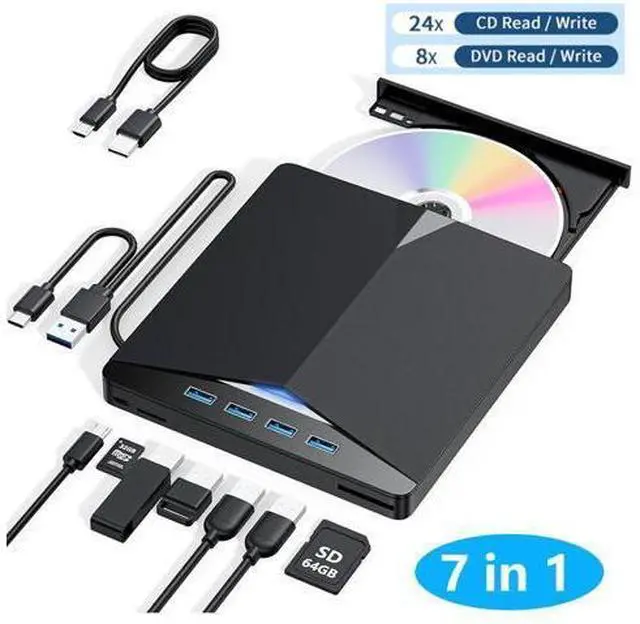 Main image of External CD/DVD Drive for Laptop, 7-in-1 Portable DVD Player for Laptop, USB 3.0 Type C External CD DVD Burner with SD/TF Card Reader & 4-Port USB Hub, Compatible with Windows, Mac OS, Linux