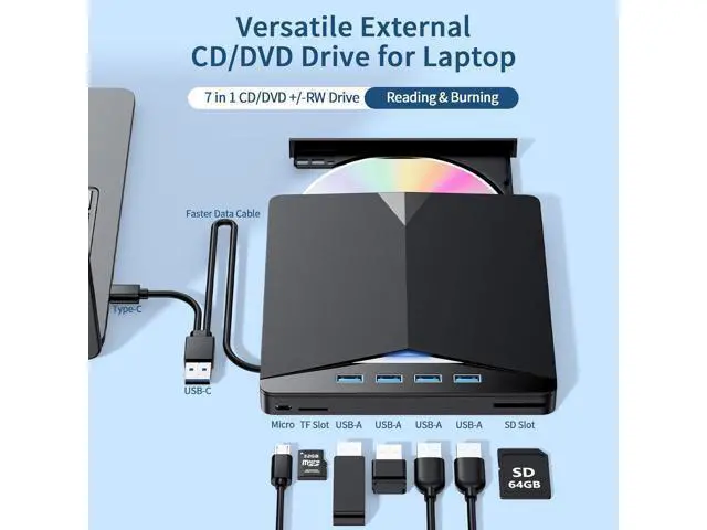 Alt view image 2 of 7 - External CD/DVD Drive for Laptop, 7-in-1 Portable DVD Player for Laptop, USB 3.0 Type C External CD DVD Burner with SD/TF Card Reader & 4-Port USB Hub, Compatible with Windows, Mac OS, Linux
