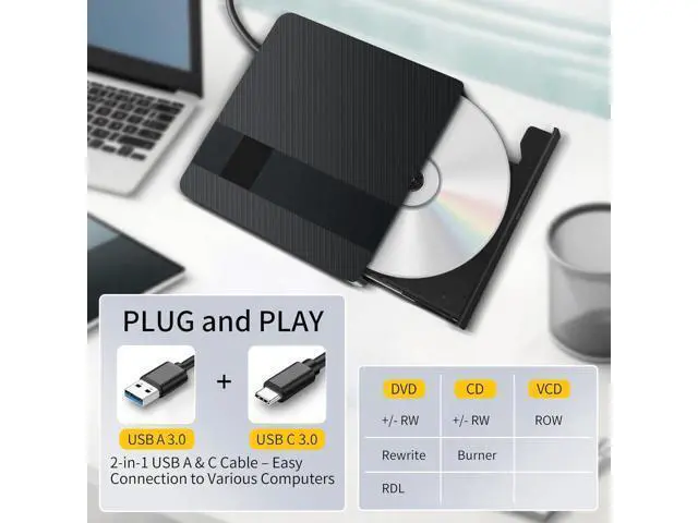 Alt view image 2 of 7 - External CD/DVD Drive for Laptops, USB 3.0 & Type-C Portable DVD Player+/-RW Burner Writer Reader, External Optical Drive Compatible with Laptop Desktop PC, Windows 11/10/8/7/XP, Linux, MacOS