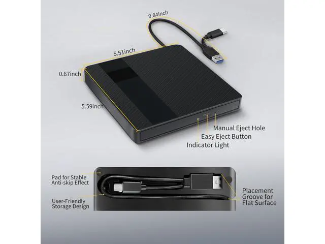 Alt view image 5 of 7 - External CD/DVD Drive for Laptops, USB 3.0 & Type-C Portable DVD Player+/-RW Burner Writer Reader, External Optical Drive Compatible with Laptop Desktop PC, Windows 11/10/8/7/XP, Linux, MacOS