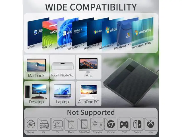 Alt view image 4 of 7 - External CD/DVD Drive for Laptops, USB 3.0 & Type-C Portable DVD Player+/-RW Burner Writer Reader, External Optical Drive Compatible with Laptop Desktop PC, Windows 11/10/8/7/XP, Linux, MacOS