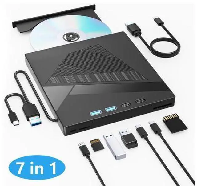 Main image of 7-in-1 External CD/DVD Drive for Laptop, USB 3.0 & Type-C DVD Player for Laptop Desktop with SD Card Reader Portable DVD/CD Drive for PC,CD Burner Compatible with Windows XP/7/8/10, Linux MacOS